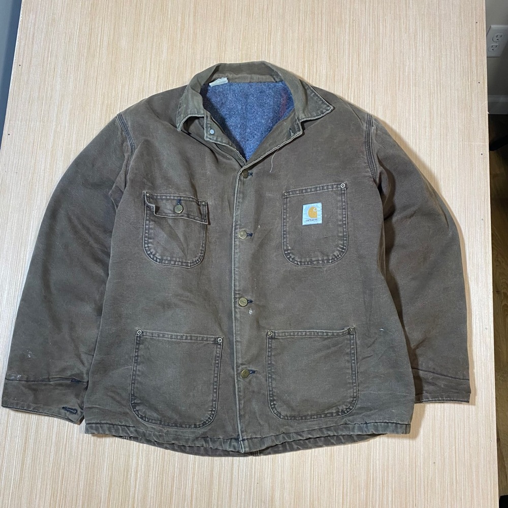 Vintage Carhartt Chore Coat Brown Duck Canvas Blanket Lined Distressed Jacket - Picture 1 of 5